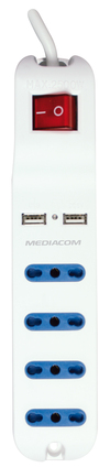 Scheda Tecnica: Mediacom Multipresa con 4x Spina Itaiana Prese Eettriche - e 2 Porte USB 2.0, 250V, 10A, Bianco
